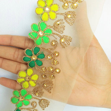 Gold Sheer Tissue Fabric Trim With Embroidered Green & Gold Flowers, Embellished With Beads, Approx. 65 mm Wide - 210119L105